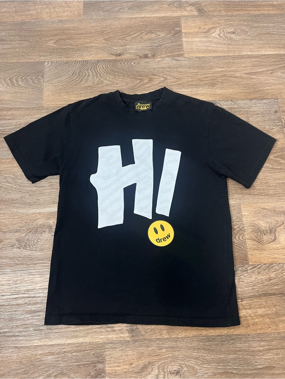 DREW Black Short Sleeve Tee with White HI Graphic and Yellow Smile/A771
